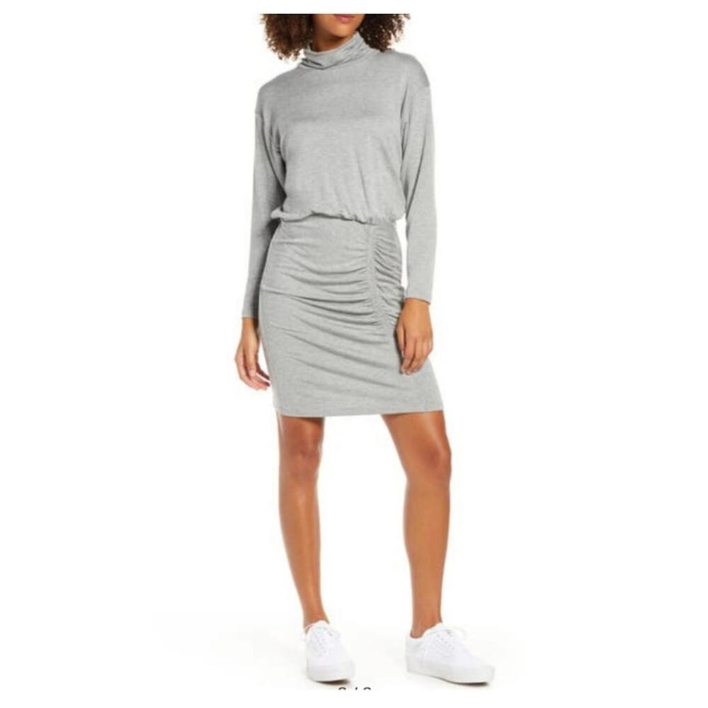 Fraiche by J Women's Long Sleeve Ruched Elastic Waist Turtleneck Knit Dress